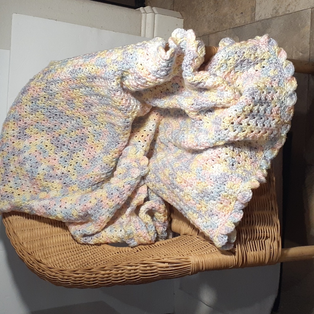 Hand crocheted multi pastel color baby crib blanket. Uni sex. Lt blue, pink, lav